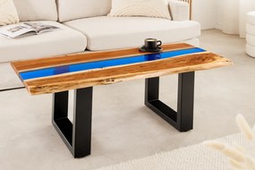 Konferenčný stolík LIQUID 110 cm akáciové drevo s modrým epoxidovým pásom