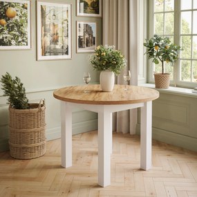 Okrúhly jedálensky stôl EDWIN zlatý dub kraft + biele nohy Typ stola: Bez rozkladania