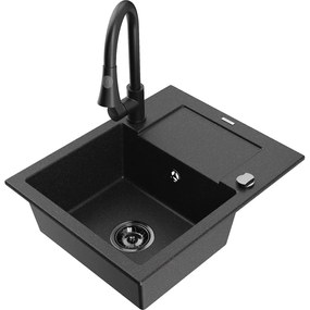 Mexen Enzo, 1-komorový granitový drez 576x465x174 mm a drezová batéria Elia, čierna-strieborná metalíza, 6506-73-670101-70-B