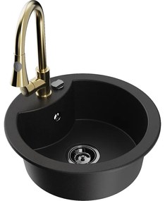 Mexen Diego, 1-komorový granitový drez 488x488x167 mm a drezová batéria Elia, čierna, 6512-77-670101-50-B