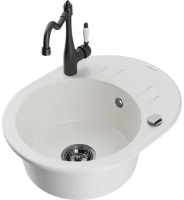Mexen Kevin, drez granitový 586x458x190 mm, 1-komorový a drezová batéria Carla, biela, 6517-20-670700-70