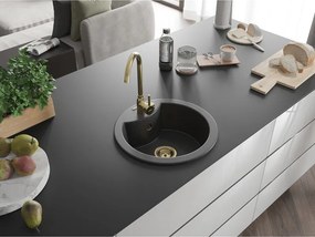 Mexen Diego, granitový drez 488x488x167 mm, 1-komorový, čierna škvrnitá so zlatým sifónom, 6512481000-76-G