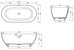 Mexen Rimini, voľne stojaca vaňa z konglomerátu 150 x 75 cm, biela matná, 57241507500
