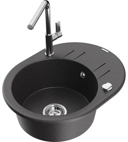 Mexen Kevin, 1-komorový granitový drez 586x458x190 mm a drezová batéria Flora, čierna škvrnitá, 6517-76-670401-00