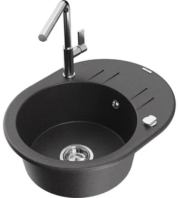 Mexen Kevin, 1-komorový granitový drez 586x458x190 mm a drezová batéria Flora, čierna škvrnitá, 6517-76-670401-00