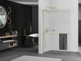 Mexen Kioto+ L, sprchová zástena Walk-In s poličkou a vešiakom 70 x 200 cm, 8mm sklo s rebrovým vzorom, zlatý matný profil, 800-070-123-55-09