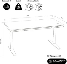 Elektrický písací stôl sit-stand so zásuvkou a bezdrôtovou nabíjačkou Qi biely, 1400 mm: ELLIS