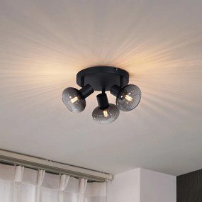 Moderné stropné bodové svietidlo čierne s okrúhlym dymovým sklom 3-svetlo - Teddy