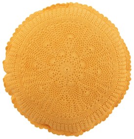 Žltý okrúhly bavlnený vankúš s čipkou Lace ochre - Ø 38*12cm