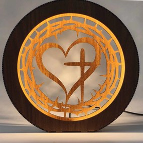 Drevená LED lampa Srdce s krížom a tŕňovou korunou | JEZUE: HDF - Orech 20 cm 4779-115090 LED0600