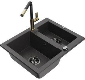 Mexen Carlos, 1,5-komorový granitový drez 582x475x177 mm a drezová batéria Flora, čierna škvrnitá, 6518-76-670401-57-B