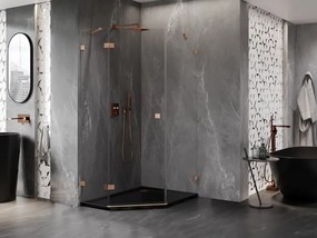 Mexen Lunar, päťuholníkový sprchový kút s ľavým sklonom 80 x 100 cm, 8mm číre sklo, profil medená matná, 831-080L-100P-65-00-L