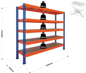 Trestles Nekonečný priemyselný regál 1800x2400x600, 5 políc Farba: oranžová a modrá