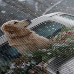 Obraz vianočný pes na zasneženej korbe