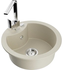 Mexen Diego, 1-komorový granitový drez 488x488x167 mm, chrómový sifón, chrómová batéria Rita, béžová, 6512-69-670300-00
