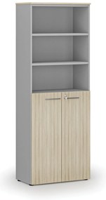 Kombinovaná kancelárska skriňa PRIMO GRAY, dvere na 3 poschodia, 800 x 420 x 2128 mm, sivá/dub prírodný