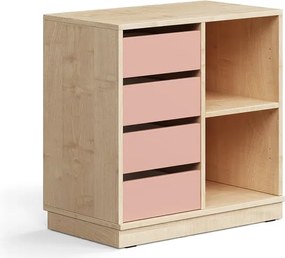 Úložná skrinka CASPER, 4 zásuvky, 2 priehradky, so soklom, breza/tmavoružová