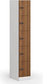 Šatníková skrinka S1 s úložnými boxmi, 5 boxov, 1850 x 300 x 500 mm, mechanický kódový zámok, laminované dvere, orech