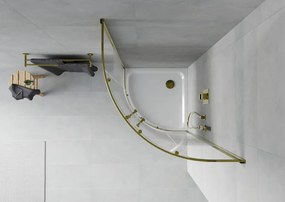 Mexen Rio, štvrťkruhový sprchovací kút s posuvnými dverami 80(dvere) x 80(dvere) x 190 cm, 6mm číre sklo s pásikmi, zlatý profil + biela sprchová vanička SLIM, 863-080-080-50-20-4110G