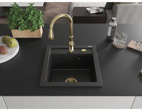 Mexen Vito, 1-komorový granitový drez 520x490x210 mm a drezová batéria Savita, čierna-strieborná metalíza, 6503-73-672601-50
