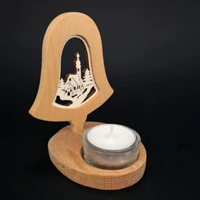 AMADEA Drevený svietnik zvonček s vkladom - kostol, masívne drevo, výška 10 cm