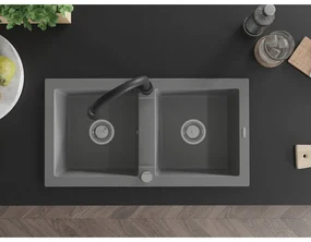 Mexen Mario, 2-komorový granitový drez 820x436x161 mm a drezová batéria Elia, šedá, 6504-71-670101-70