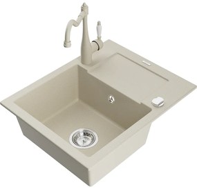 Mexen Enzo, granitový drez 576x465x174 mm, 1-komorový a drezová batéria Carla, béžová, 6506-69-670700-69