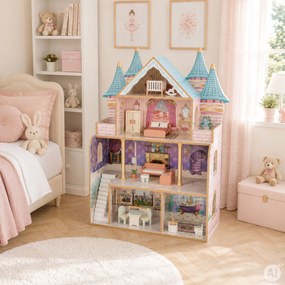 Drevený domček pre bábiky – zámok Bella, 4 poschodia, 5 miestností, 15 kusov nábytku, ECOTOYS