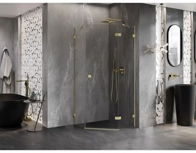 Mexen Lunar, päťuholníkový sprchový kút s pravým sklonom 90 x 90 cm, 8mm číre sklo, zlatý matný profil, 831-090P-090L-55-00-P