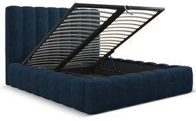 Tmavomodrá čalúnená dvojlôžková posteľ s úložným priestorom a roštom 160x200 cm Kelp – Micadoni Home