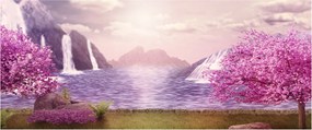 Obraz ružových stromov s jazerom (120x50 cm)