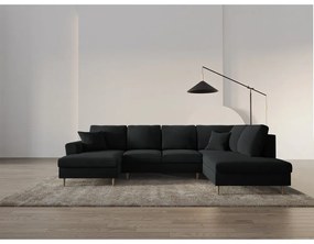 Čierna zamatová rozkladacia/s úložným priestorom rohová pohovka (pravý roh/do "U") Kyoto – Cosmopolitan Design