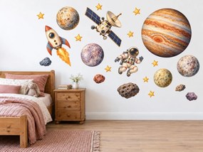 Kozmonaut pri Jupiteri akvarelové vesmírne nálepky na stenu do izby pre malých objaviteľov arch 46 x 34 cm