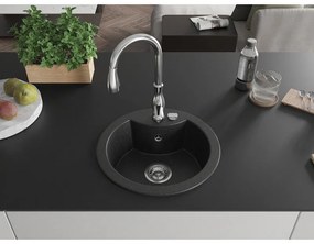 Mexen Diego, 1-komorový granitový drez 488x488x167 mm a drezová batéria Savita, čierna-strieborná metalíza, 6512-73-672601-00