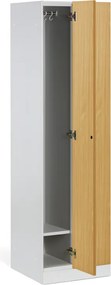 Kovová šatníková skrinka S1 zúžená, 2 oddiely, 1850 x 500 x 500 mm, zámok s čítačkou RFID kariet, laminované dvere, orech