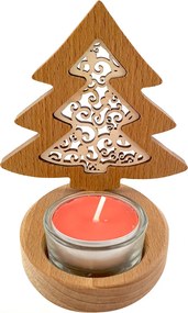 AMADEA Drevený svietnik stromček s vkladom - ornament, masívne drevo, výška 10 cm