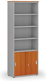 Kombinovaná kancelárska skriňa PRIMO GRAY, zasúvacie dvere na 2 poschodia, 800 x 420 x 2128 mm, sivá/čerešňa