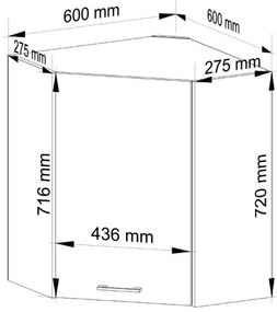 Rohová horná kuchynská skrinka OLIWIA W60/60 V 720 biela / betón