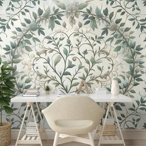 Tapeta elegantné zelené listy s kvetmi