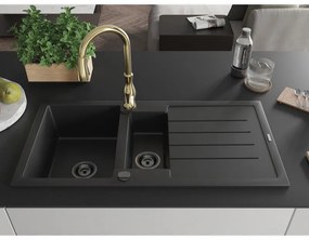 Mexen Andres, 1,5-komorový granitový drez 1000x500x200 mm a drezová batéria Savita, čierna, 6515-77-672601-50-B