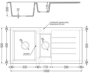 Mexen Andres, granitový drez 1000x500x200 mm, 1,5-komorový a drezová batéria Carla, čierna-zlatá metalíza, 6515-75-670700-50