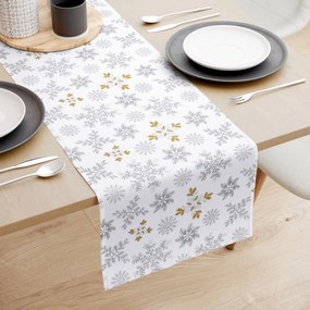 Goldea vianočný behúň na stôl 100% bavlna - sivé vločky so zlatými trblietkami 35x140 cm