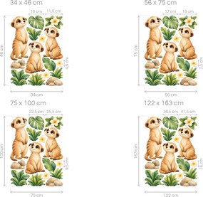 Zvedavé surikaty medzi listami akvarelové detské nálepky so zvieratkami na stenu hárok 34 x 46 cm