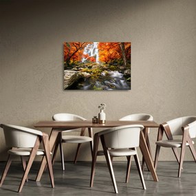 Sklenený obraz - Vodopády v jesennej krajine, oranžový (70x50 cm)