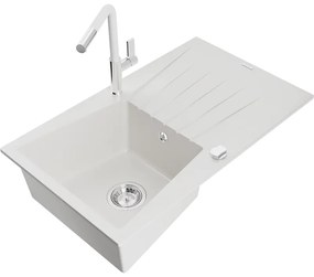 Mexen Cesar, 1-komorový granitový drez 775x470x190 mm a drezová batéria Flora, biela, 6514-20-670401-02