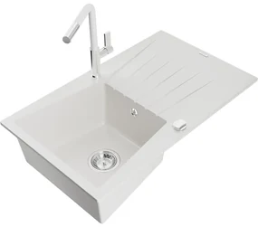 Mexen Cesar, 1-komorový granitový drez 775x470x190 mm a drezová batéria Flora, biela, 6514-20-670401-02
