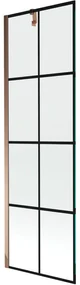 Mexen Next, vaňová zástena 1-krídlová 60 x 150 cm, fixné krídlo, 6 mm číre sklo s čiernym vzorom, ružové zlato profil, 895-060-000-00-77-60