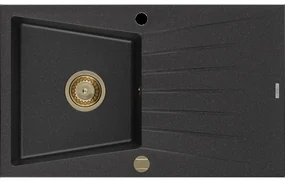 Mexen Cesar granitový jednokomorový drez s odkvapkávačom 775 x 470 mm, Čierna/Strieborná metalíza, Sifón Zlatá - 6514771010-73-G