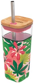Sklenený cestovný hrnček so slamkou Liquid Cube Pink Jungle Flora 540 ml