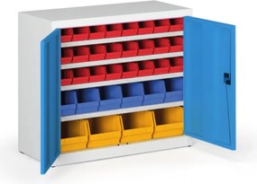 Skriňa s plastovými boxmi BASIC - 800 x 400 x 920 mm, 24xA, 6x B, 4x C, sivá/modré dvere